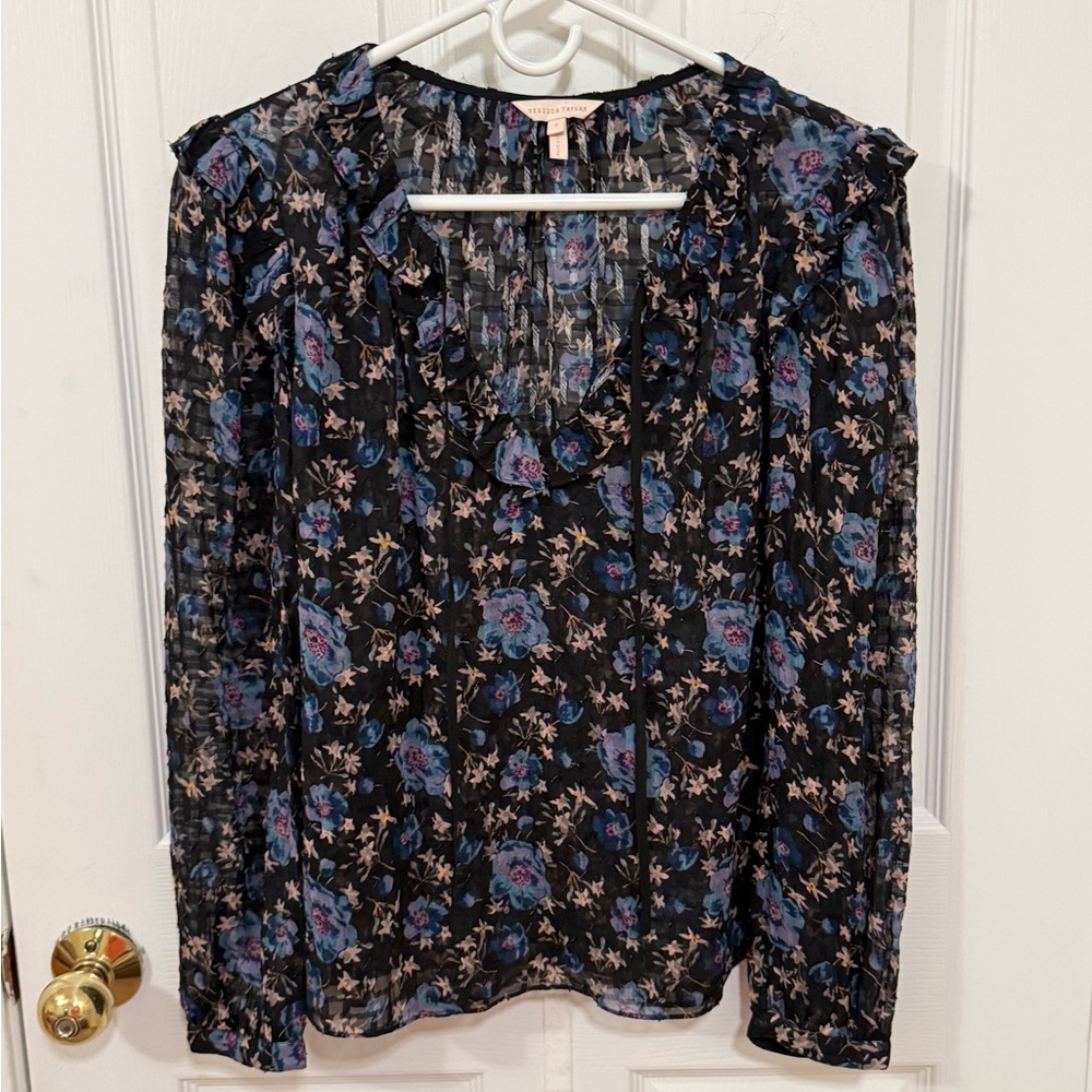 Rebecca Taylor Black and Blue Floral Blouse